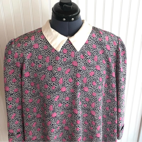Vintage Pink Rose Patterned Silky Blouse Tunic White Peter Pan Collar Abstract - Picture 6 of 13